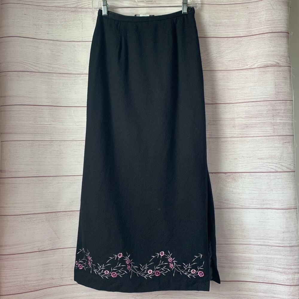 Vintage Savannah Black Embroidered Wool Maxi Skirt Pink Green Floral Size 6